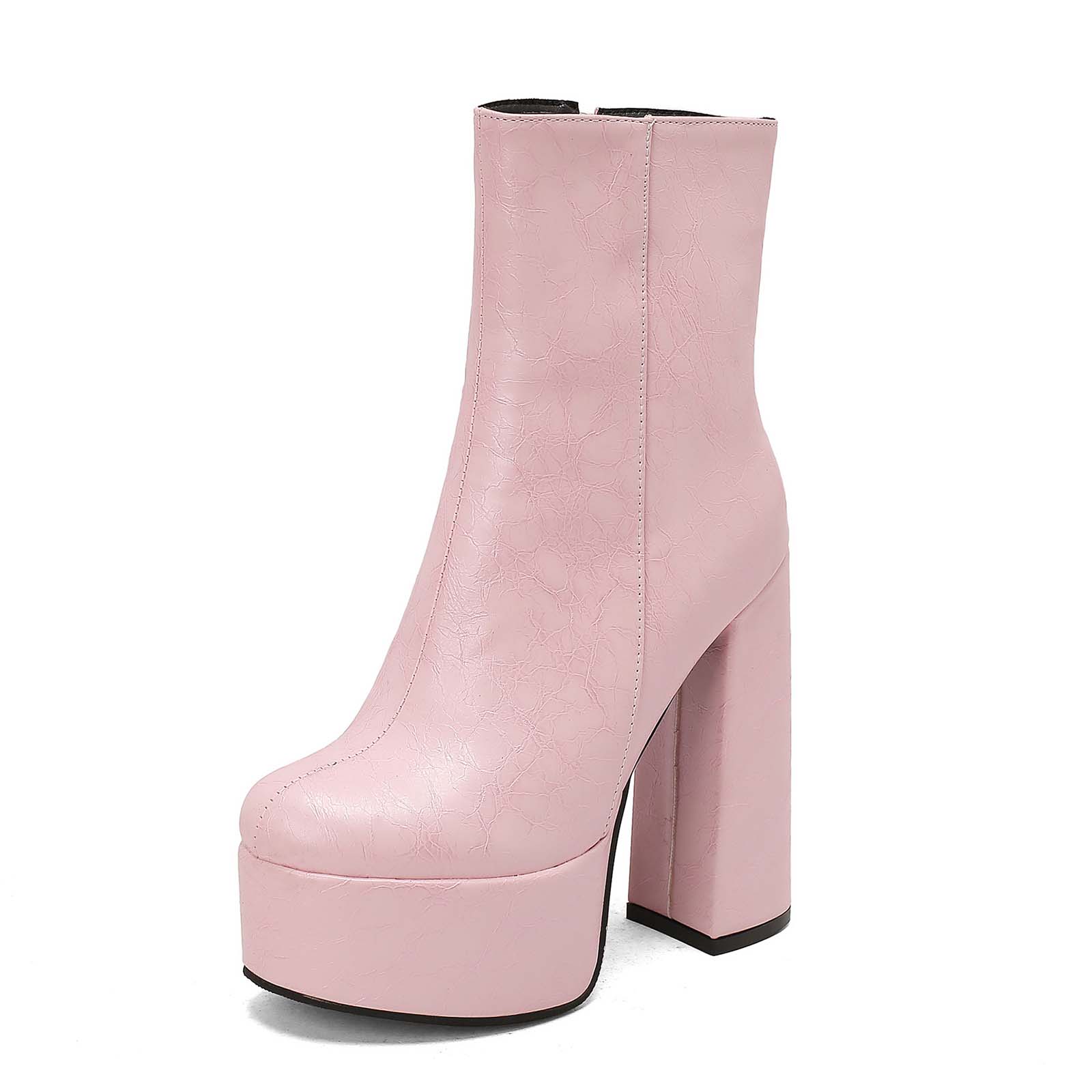 Modische Tanzstiefel Damen Plateau-Stiefeletten klobiger Absatz Stiefeletten Seitenreißverschluss Quadratische Spitze Hoher Absatz Freizeitstiefel für Damen 35 rosa