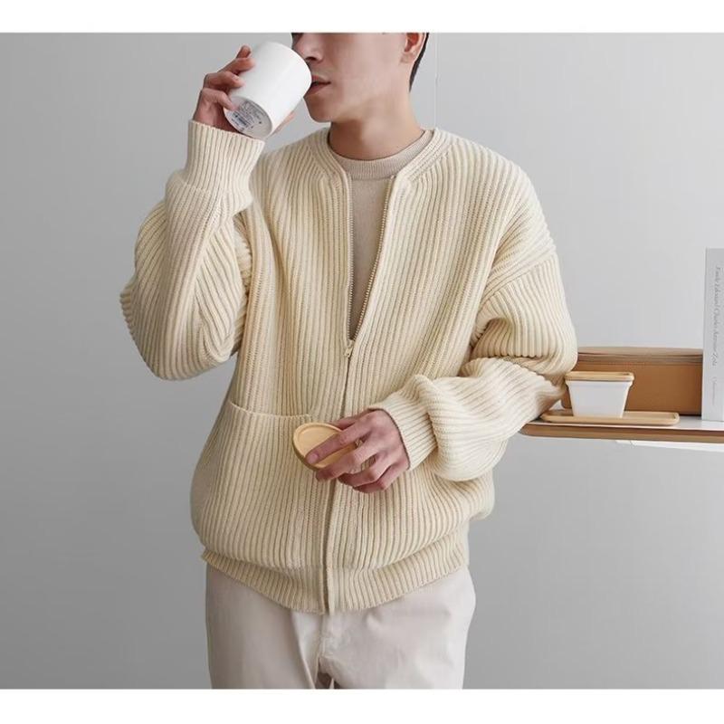 2025 Men's Autumn/Winter Korean Style Loose Casual Knit Cardigan Crew Neck Sweater