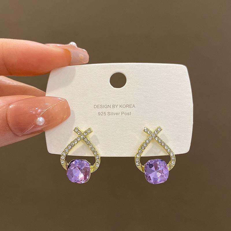 

New Purple Green Cross Zircon Crystal Stud Earring for Women Sweet Zircon Accessory Wholesale Wedding Christmas Girl Gift