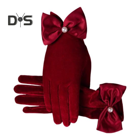 

1 Пара Жіночі Осінньо-Зимові Рукавички Оксамитові П ятипалі Однотонні Рукавички Декор Бантом Товсті Нековзні Теплі Вітрозахисні Випускний Весілля Вечірка Ювелірний Магазин Розпродаж вина червоного кольору
