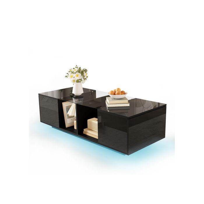 Table basse moderne noire avec éclairage LED, plateau de table brillant, 120 x 50 x 38,5 cm