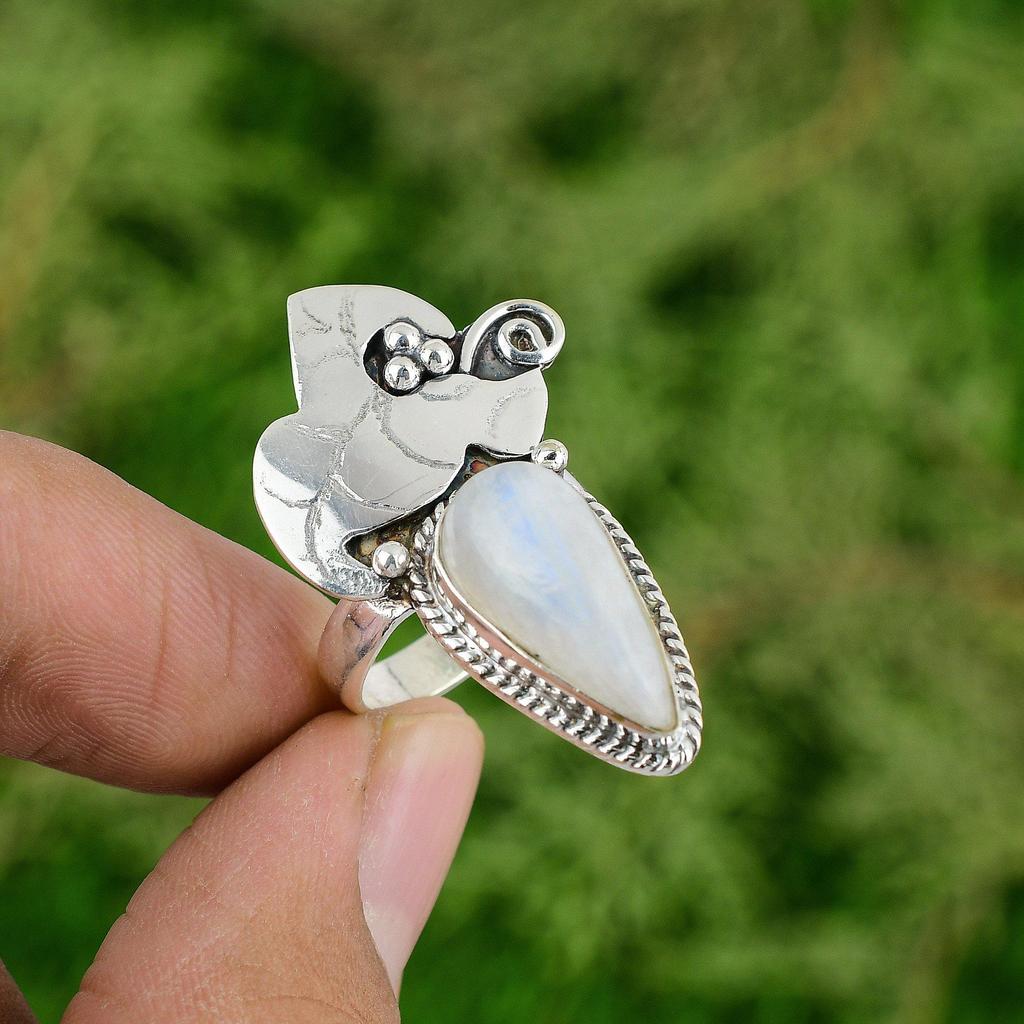 Birthday Gift For Her Natural Rainbow Moonstone Solitaire Ring Size 7 925 Silver