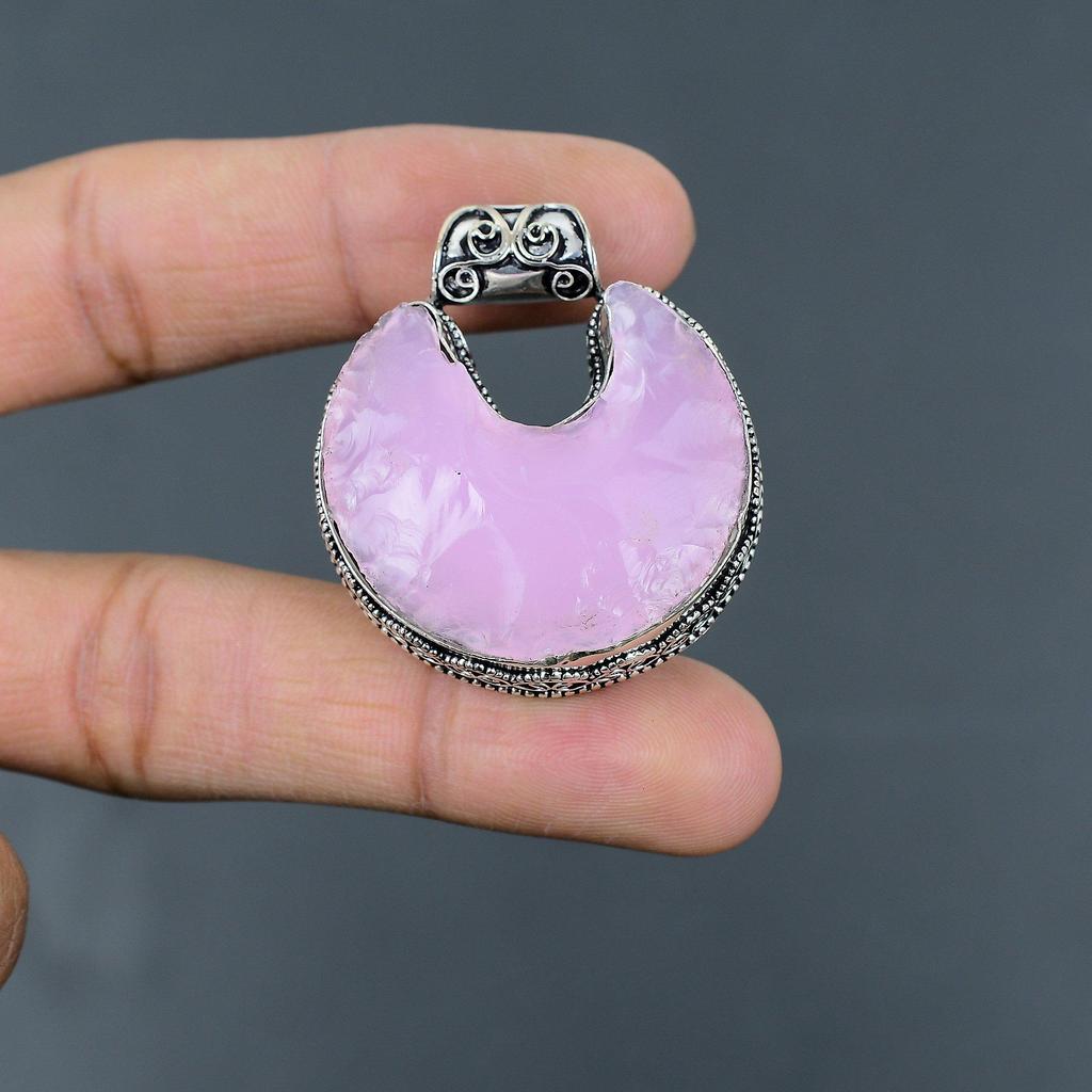 Pink Chalcedony Rough Pendant 925 Sterling Silver Pendant Gemstone Jewelry Crescent Moon Pendant Handmade Vintage Pendant Anniversary Gifts