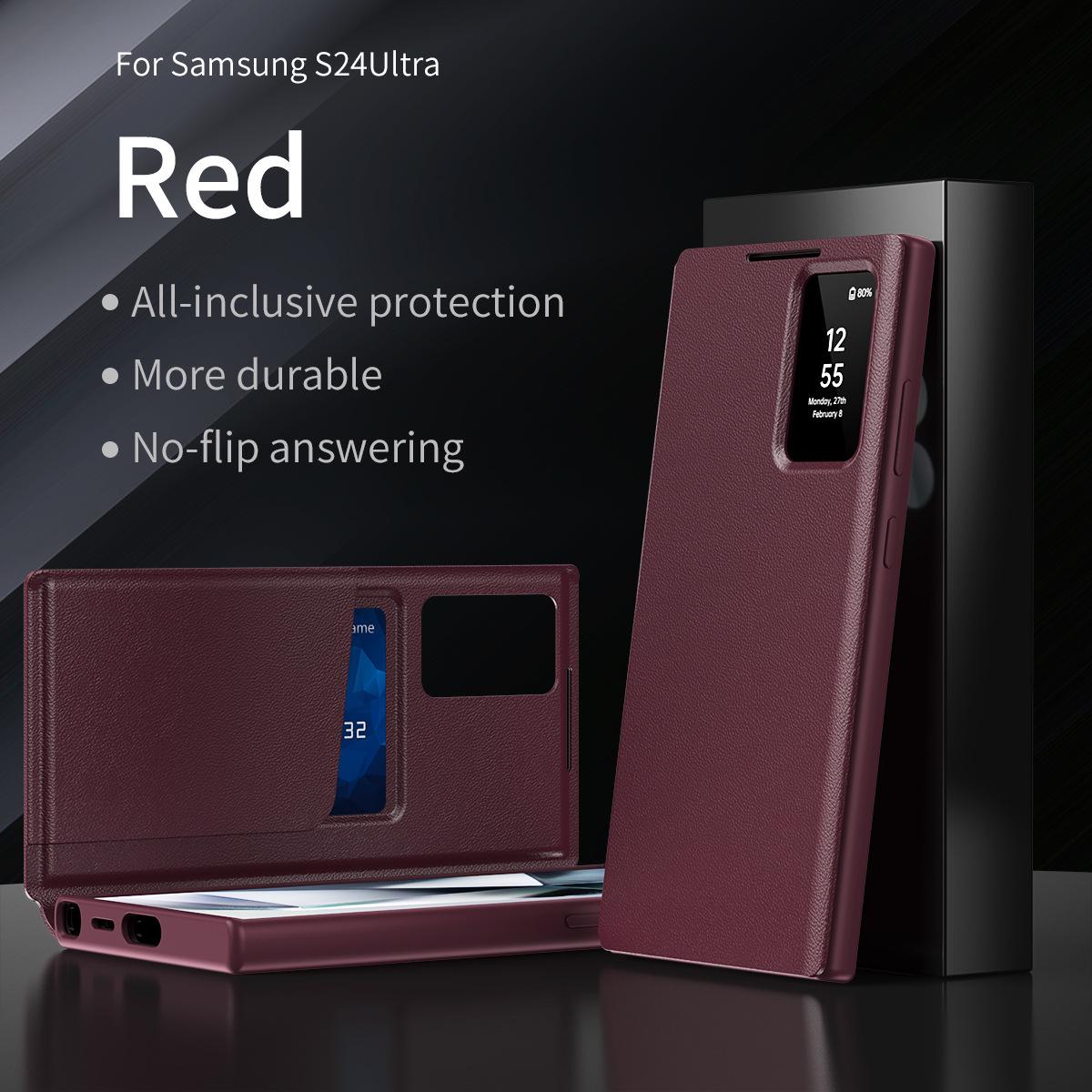

Шкіряний чохол-книжка Samsung S25 Ultra з розумним віконцем і слотом для картки для S23 - Відповідь без відкривання та захист SM-S22Ultra вина червоного кольору