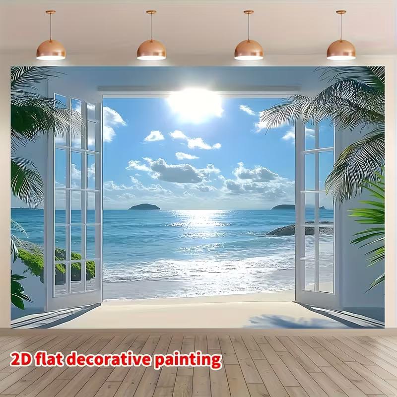 Ocean View Open Door Tapestry Beach Palm Tree Background Cloth