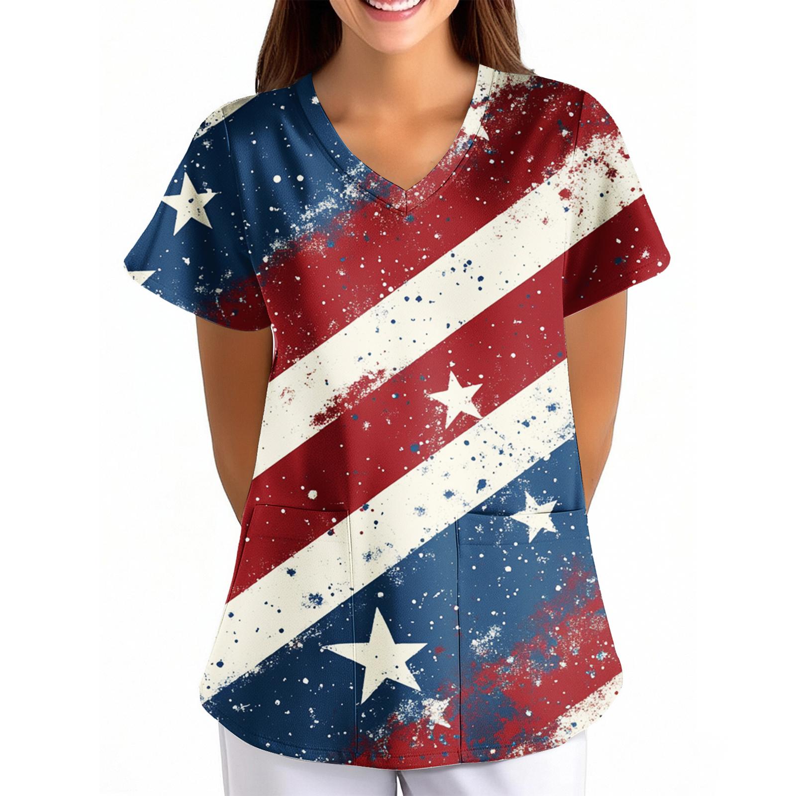 Women s Independence Day Printed Loose V-Neck Pocket Short-Sleeved  Clothing L