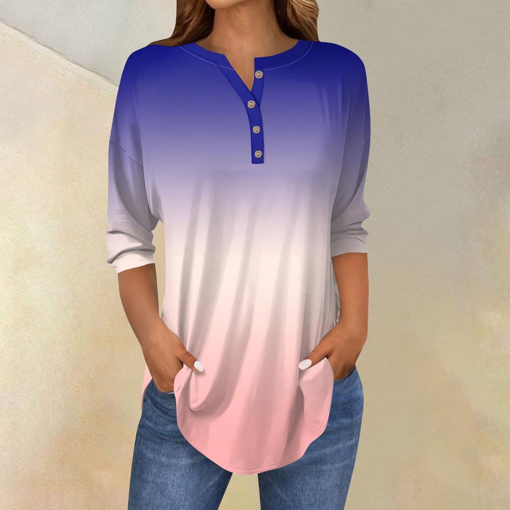 Tee Shirts For Women Fall Casual 3/4 Long Sleeve Button Shirts Sweatshirt Vintage  Top Pullover