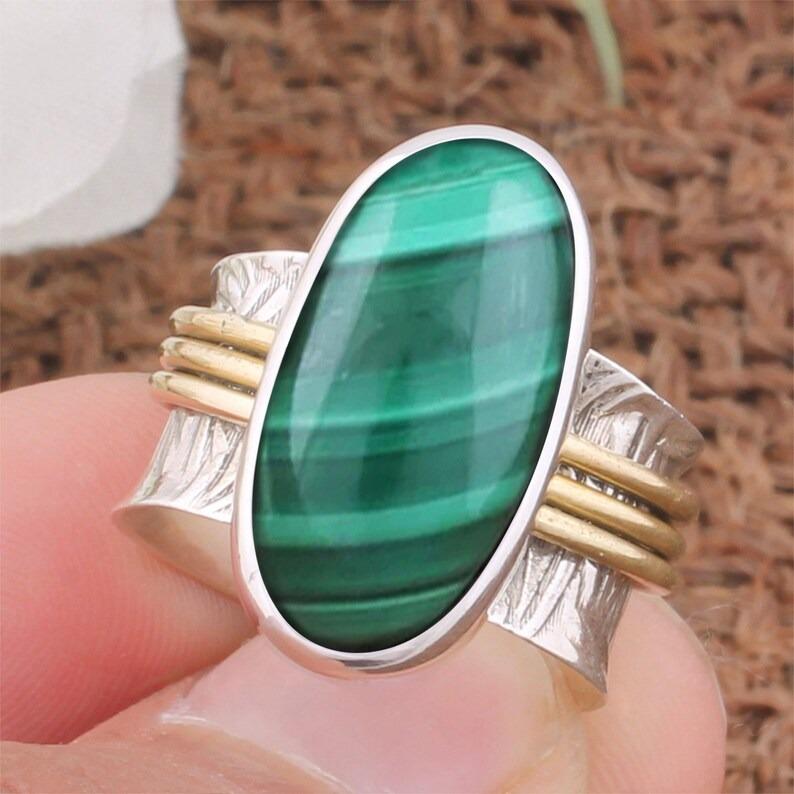 Malachite Big Oval Ring, Solid 925 Sterling Silver Ring, Handmade Ring, Two Tone Ring, Bohemian Ring, Bezel Ring, Unique Gift