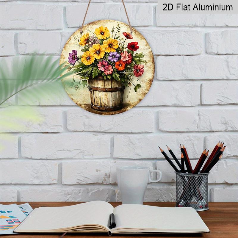 [Vintage Floral Sign] 2D Flat - 1pc Vintage Round Aluminum Sign Featuring a Bouquet Arrangement.This Colorful Floral Display Serves As Rustic Metal
