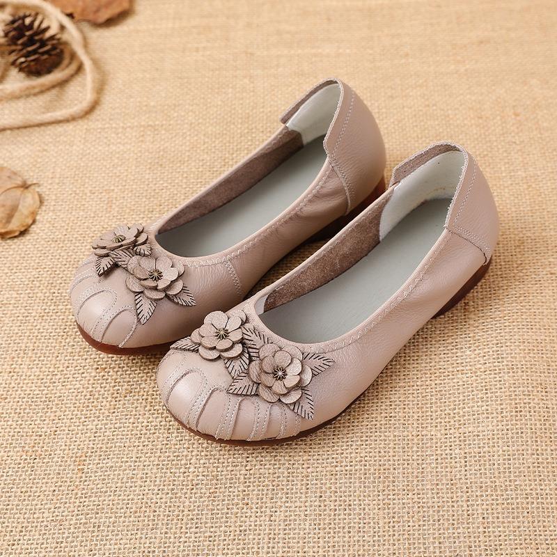 Retro Leather Wedge Heel Beef Tendon Sole Comfortable Soft Sole First Layer Cowhide Non-slip Flower Single Shoes Women