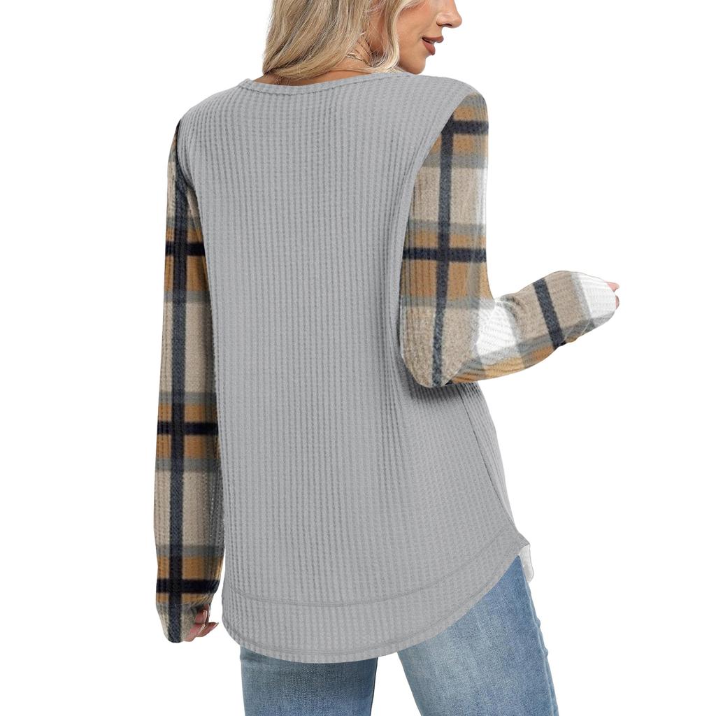 Women's Plaid Print Round Neck Long Sleeve Casual Loose Top