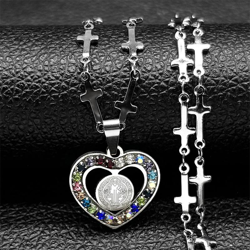 Catholic Saint Benedict Heart Shape Pendant Necklace for Women Men Stainless Steel Gold Color Christian Prayer Chain Jewelry
