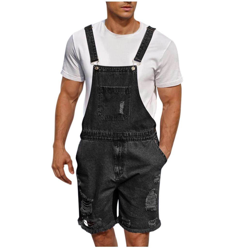 Men's Fashion Solid V-Neck Button Pocket Wash Water Denim Adjustable Short Strap Jumpsuit