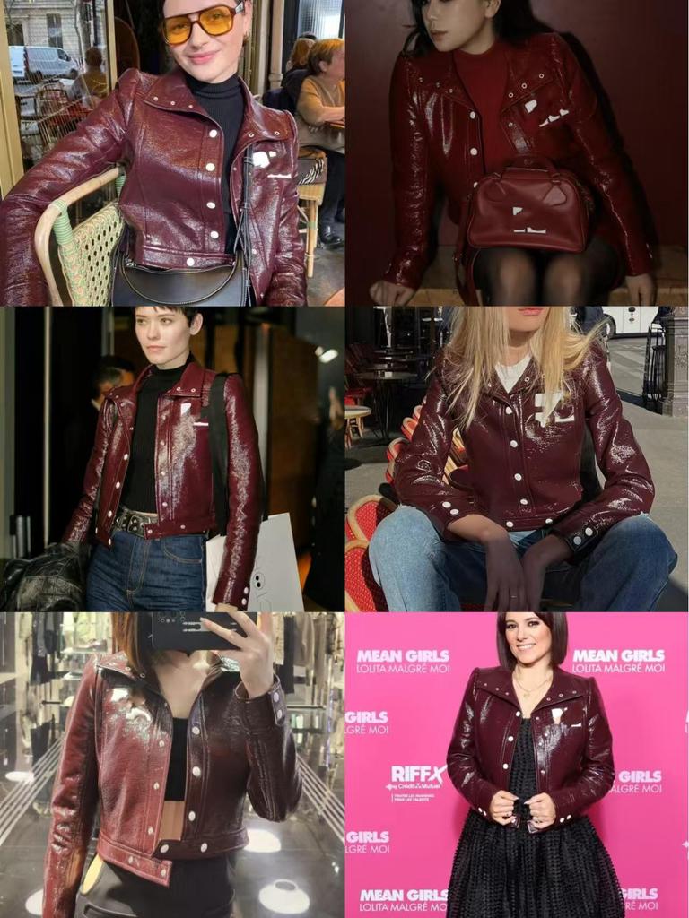 Burgundská klasická francouzská niková lesklá PU kůže silueta klopová bunda