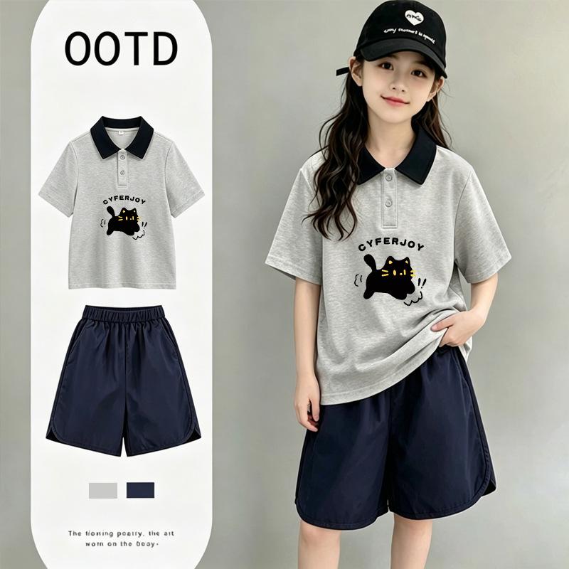 Stylish Girls' Cotton Short-Sleeve Polo Shirt Set for Ages 6-12 - Medium to Large Trendy Patchwork Design