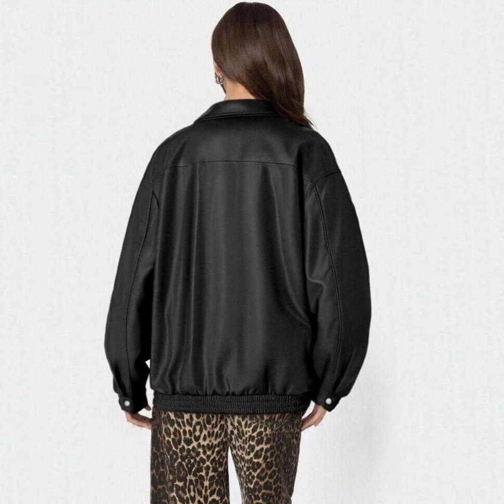 2026 Autumn Winter New Women's Faux Leather Jacket Loose Long Sleeve Lapel Vintage Motorcycle Coat