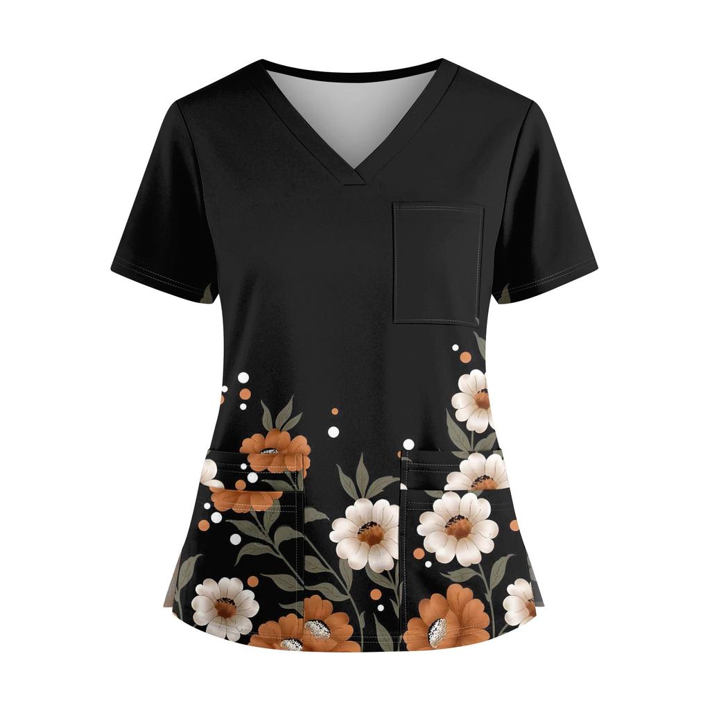 Plus SizePrinted Scrub Working Uniform Tops For Women's Cross V-Neck Halloween Print Short Sleeve Fun T-Shirts Workwear Tee With Pockets