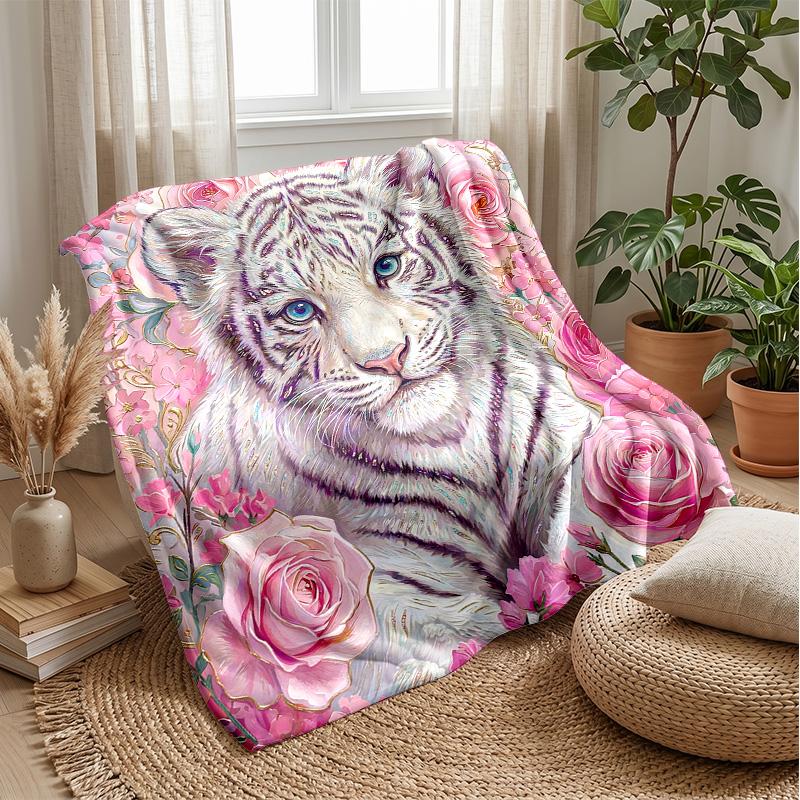 White Tiger in Flowers Theme blanket Lightweight Warm Flannel Blanket Decorative Throw Blanket for Home Decoration