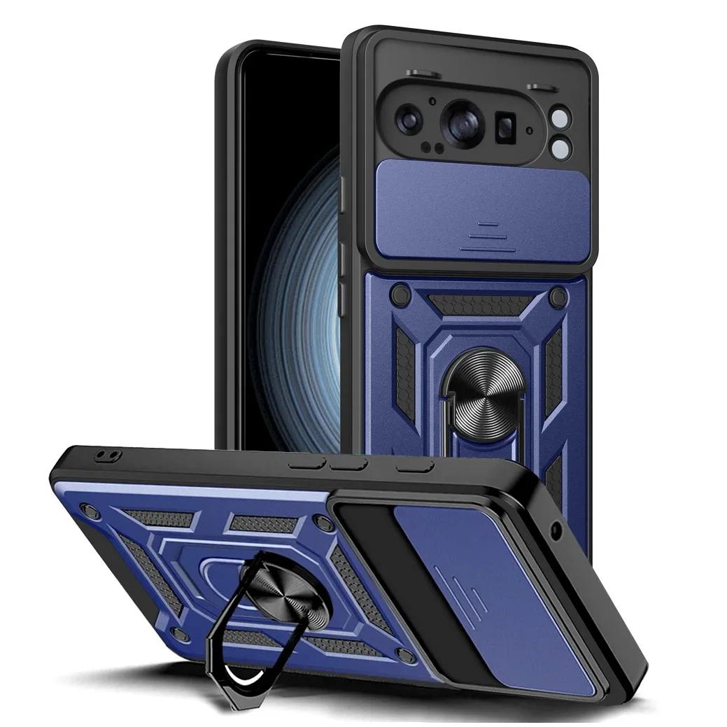 

Чехол для телефона с защитой от сдвига объектива камеры для Google Pixel 9 Pro XL 9pro Armor, противоударный чехол с магнитным кольцом и держателем для Pixel9 9pro XL For Pixel 9 синий