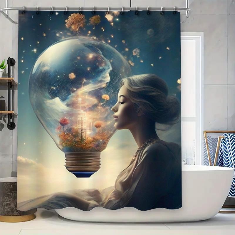 Surreal Woman With Dreamy Lightbulb Shower Curtain - Waterproof, Mildew-Resistant, Machine Washable For Artistic Bathroom Decor