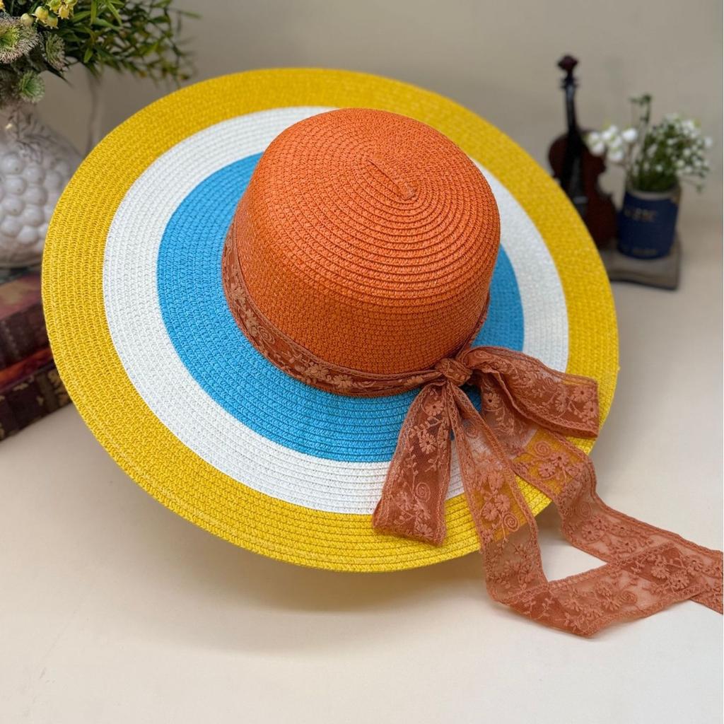 Women's Colorful Patchwork Straw Hat with Large Brim Summer Travel Sun Protection Rainbow Headband