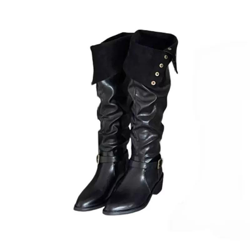 Cowhide version 2025 autumn fashion boots new casual simple pointed thick heel two wear thick heel button middle heel