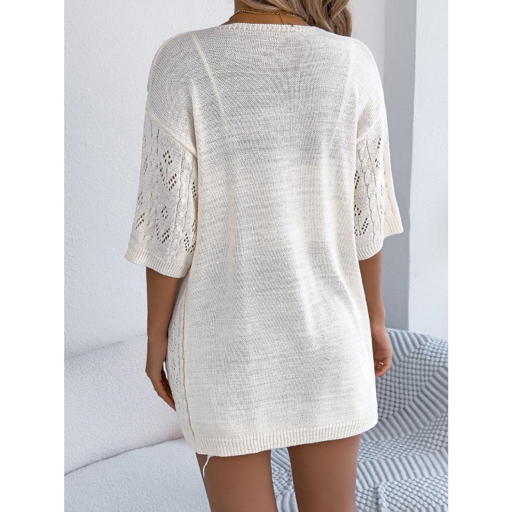 QICED Spring Summer Cut-out Short-sleeved Knitted Cardigan for Vacation Sun Protection Women's Wear