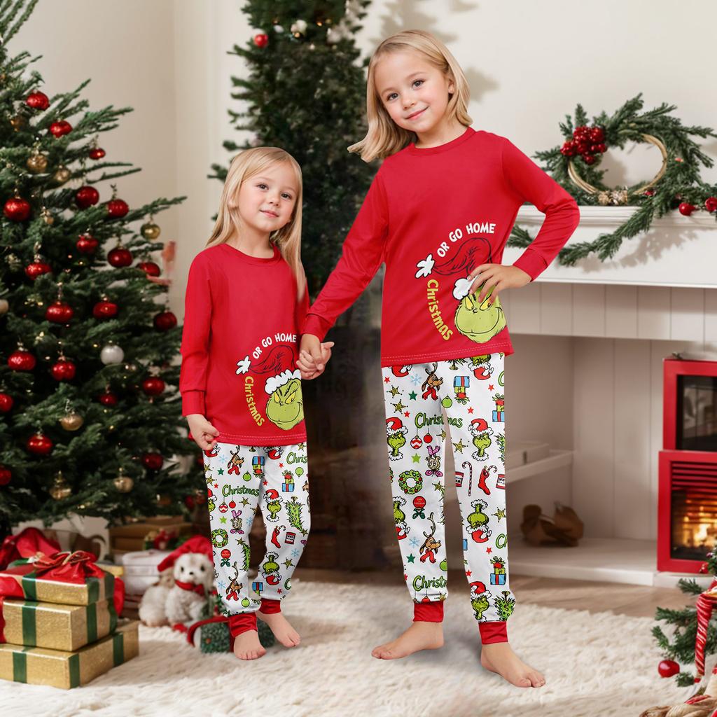 Christmas Print Family Matching Pajama Set Long Sleeve Long Pants Neck for Women Men and Kids