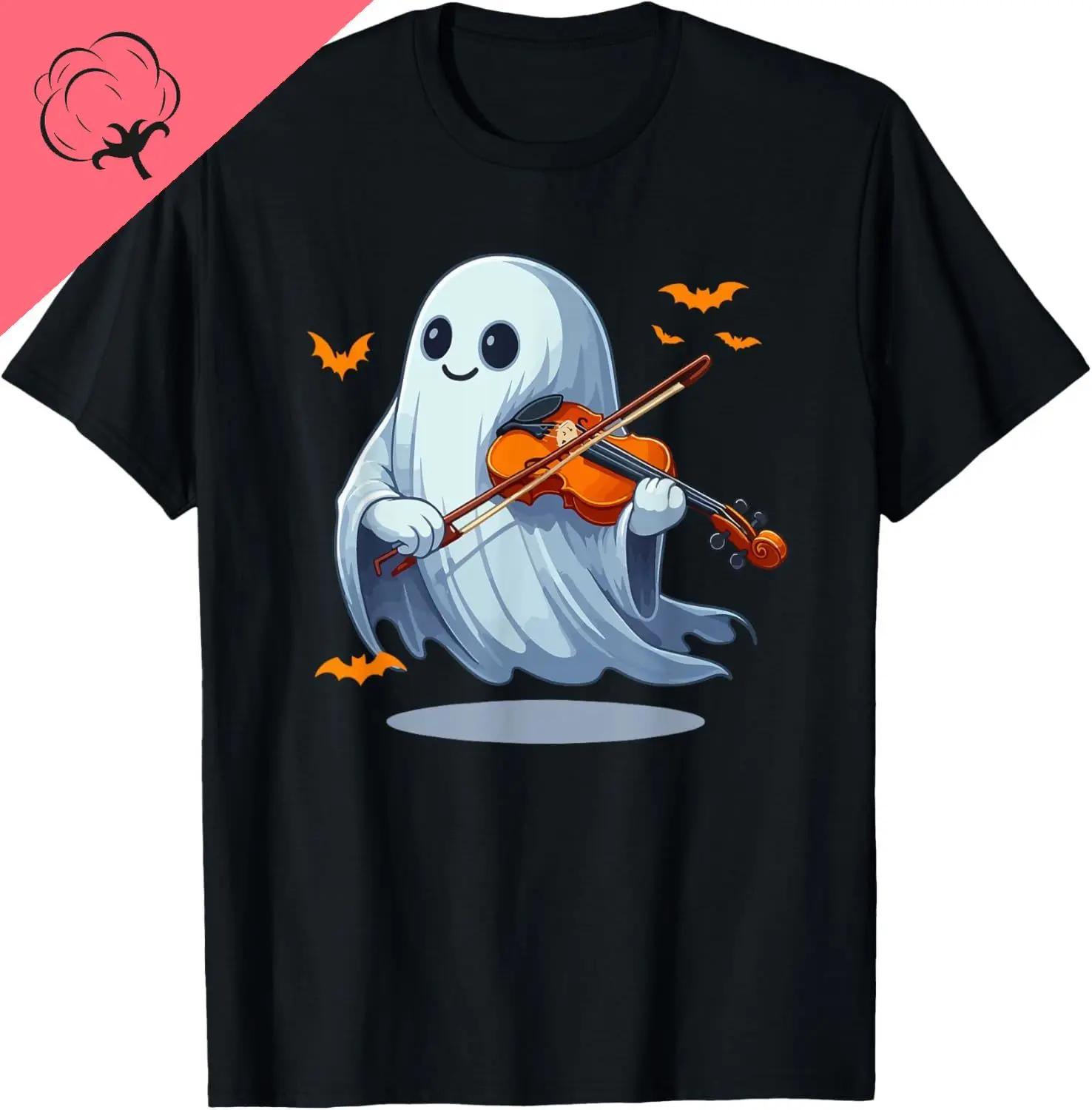 

Cute Ghost Playing Violin Halloween Graphic Cotton Short Sleeve TShirt for Unisex S