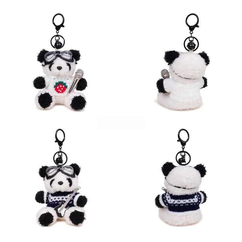 Musikalischer Pilot Panda Plüsch Schlüsselanhänger mit Gitarre und Mikrofon zum Verschenken und Dekorieren