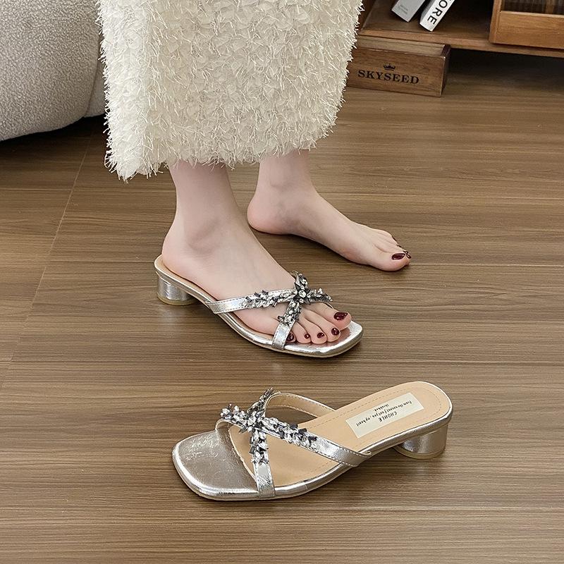 French Square Head Mid-heel Shoes Women's Roman Sandals 2025 Summer New Wear Cross Rhinestone Slippers Cool Slippers