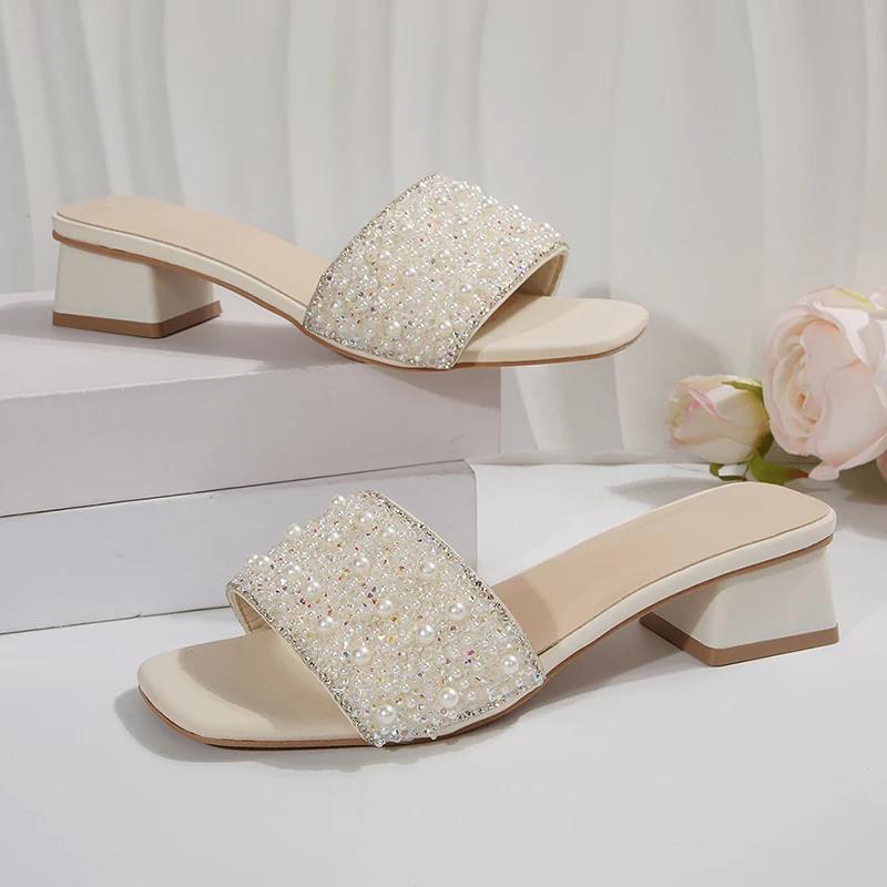 Fashion Pearl Decor Chunky Heel Sandals Women Fashion Square Toe Summer Slippers Woman Plus Size Comfort Slip On Sandalias Mujer 2025