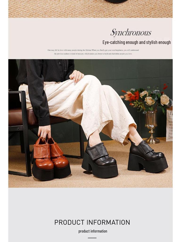 Women's Genuine Leather Platform Shoes 2025: Autumn/Winter Pure Cowhide Petite Height-Increasing Hook & Loop Single Shoes