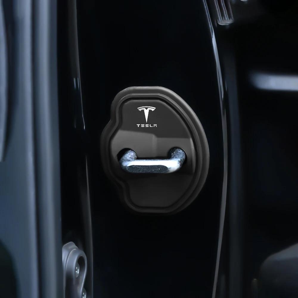JXWV8 4Pcs Car Silicone Door Lock Cover Protective Stickers Accessories For Tesla Model 3 Model S X Model Y Roadster SpaceX Cybertruck