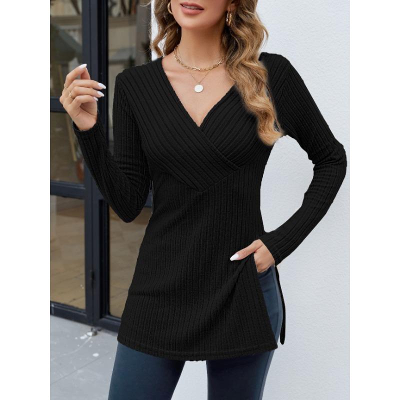 Women's Elegant Long-sleeve Striped Knit Top with V-neck T-shirt
