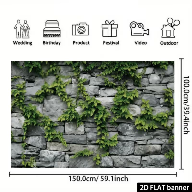 2D Rustic Stacked Stone Wall Green Ivy Vine Indoor Photo Backdrop