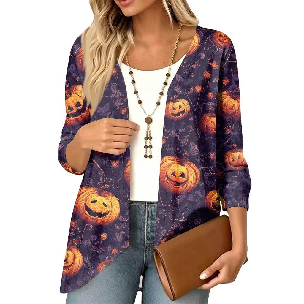 Women's Halloween Print 3/4 Sleeve Lightweight Loose Fit Cardigan for Casual Wear