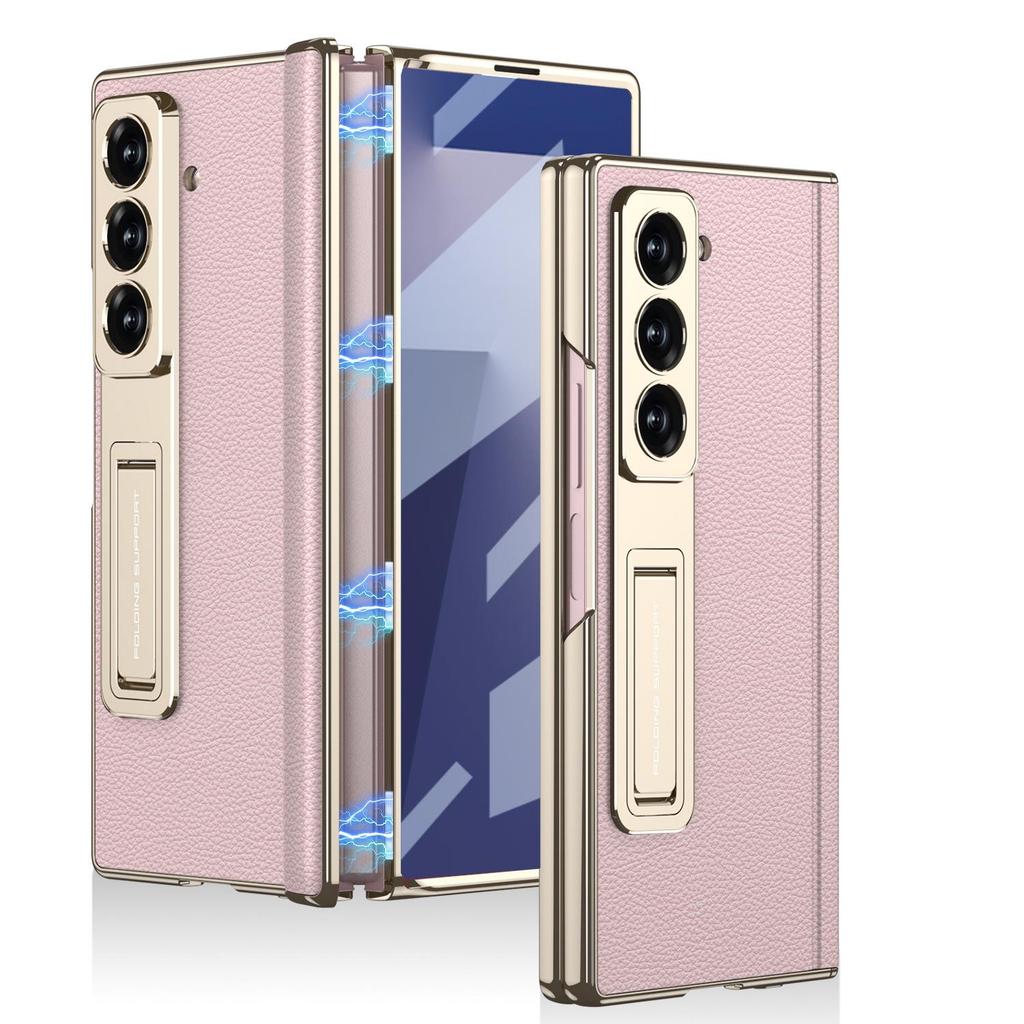 Samsung Z Fold7 Electroplated Leather Magnetic Case with Bracket - Anti-drop Protective Cover