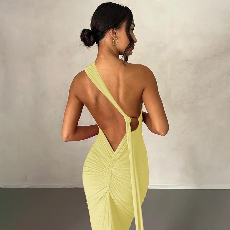 Women's Summer New Sexy Backless Pleated Slim Fit Solid Color Sleeveless Temperament Dress