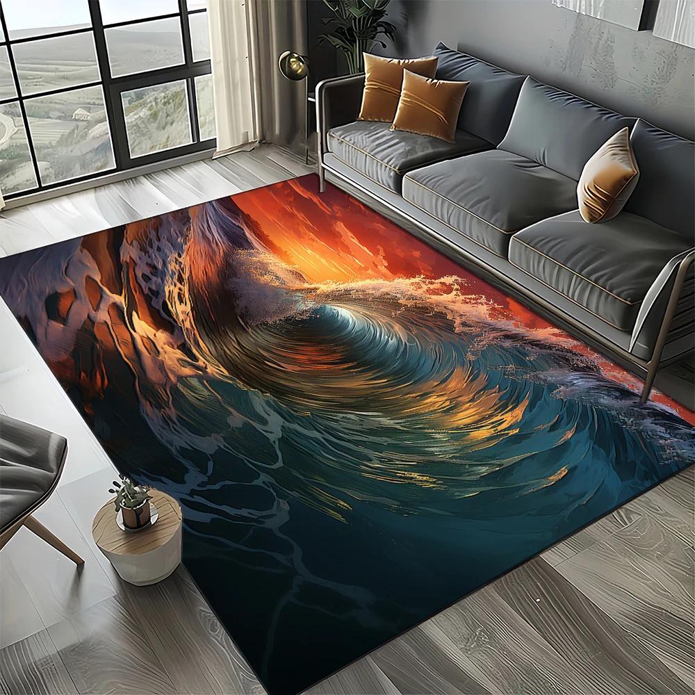 2025 New Style Blue Green Sea Wave Seawater Nature 3D Carpet Rug for Living Room Bedroom Home Sofa Decoration,Non-slip Floor Mat