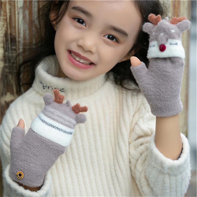 Children's Winter Warm Reindeer Flip-top Fingerless Gloves for Ages 4-10