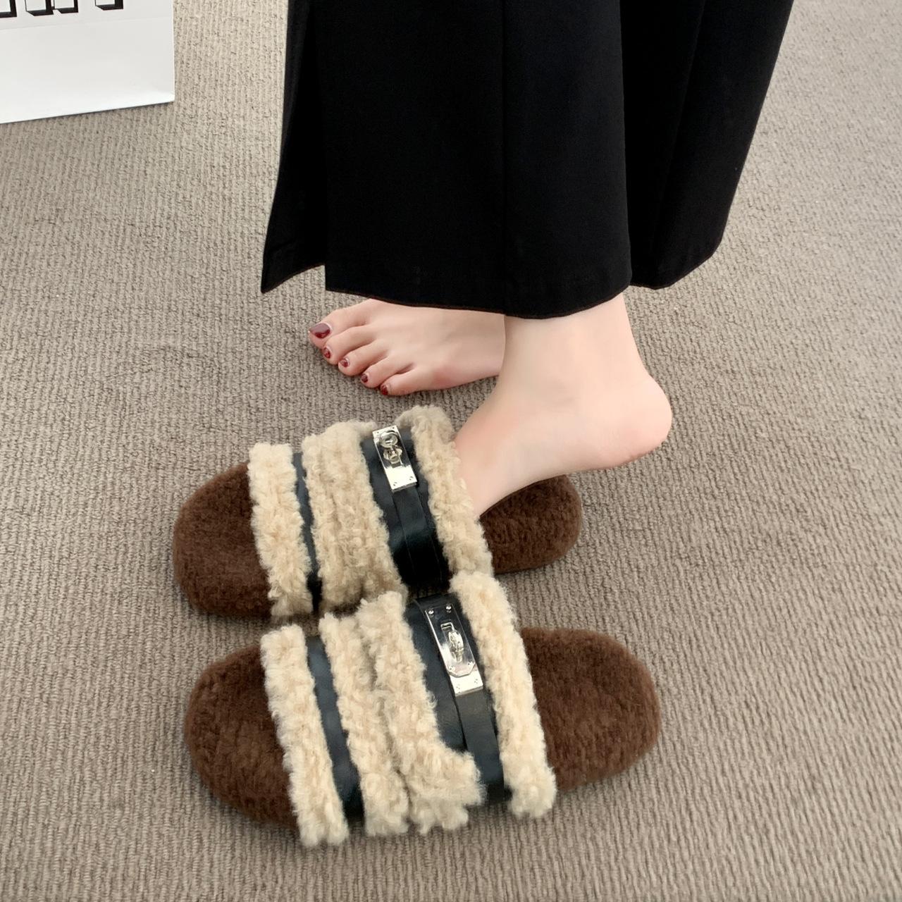 

Популярные в интернете тапочки Birkenstock на толстой подошве из шерсти для женщин, новинка осени и зимы 2025 года, домашние плюшевые хлопковые тапочки с открытым носком 40 чёрный