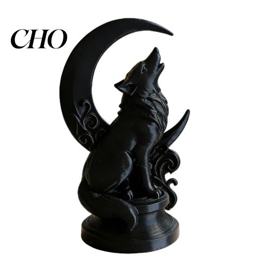 Wolf Roaring At Night Decoration 3D Printed Howling Sculpture with Crescent Moon Base, Matte Thick Durable Figurine Black Finish Collector Art, Gothic чёрный