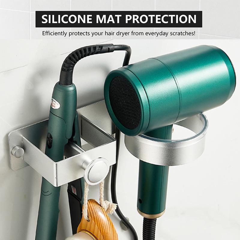 Wall-Mounted Hair Dryer & Curling Iron Holder with No-Punch Straightener and Ironing Board Rack