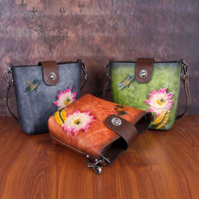 Borsa da Donna in Pelle di Mucca Retrò Borsa a Secchiello Piccola Fatta a Mano con Rilievo Borse a Spalla e a Tracolla