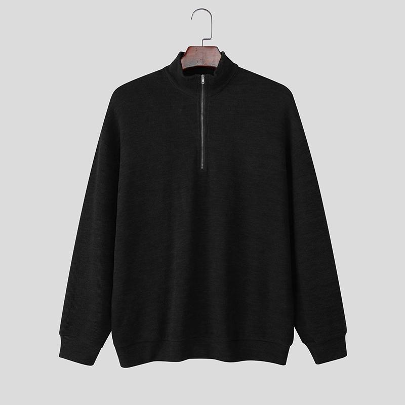

INCERUN Spring Men Stand Neck Long Sleeve Zip-up Texture Rib Knitted Pullovers Tops S