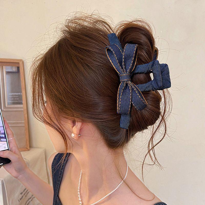 1pc Korean New Fashion Blue Denim Bow Transparent Gray Hair Clip Shark Clip Hair Accessories Summer