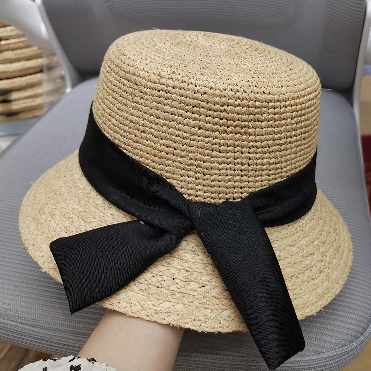 My Extreme Outdoor Activities Women's Black New Handwoven Raffia Ribbon Decorative Bucket Hat Summer Beach Hat Sun Hat Straw Hats For Fashion Luxury Hats 54-58Cm