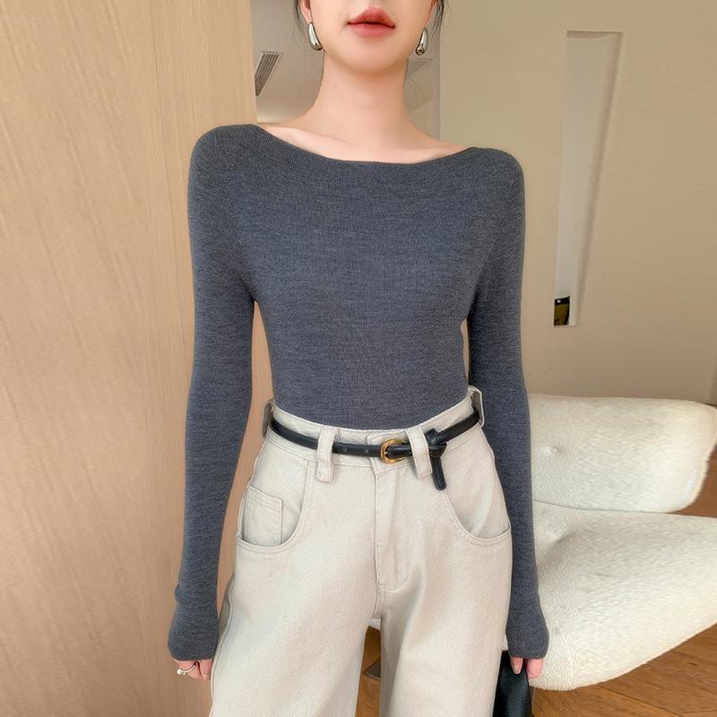 2025 Women's 100% Wool Seamless Slim Fit One-Shoulder Fine Knit Sweater, Machine Washable, 18 Gauge Yangzi Yarn