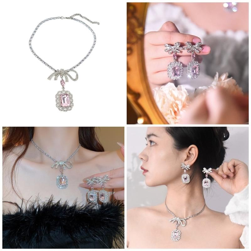 Elegant Square Crystal Pendant Necklace/Earring Chic Bowknot Jewelry Accessories Perfect for Daily Wear and Parties